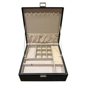 Black Leather Jewelry Storage Box with Multiple Compartments & Removable Tray